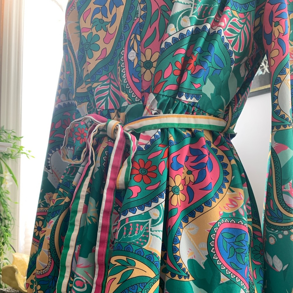 Colorful SHEIN Paisley Floral Long Sleeve Dress with Tie